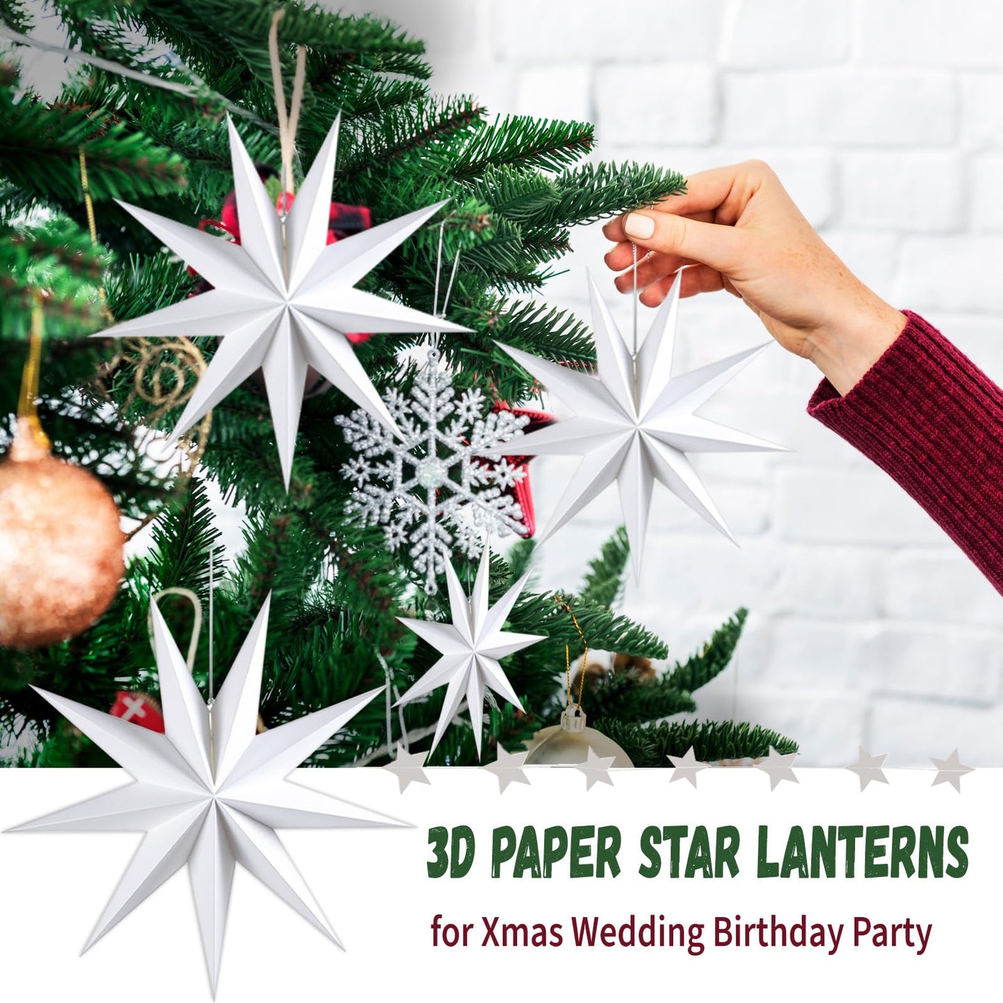 WNSIRVY 5 Pack 9-Pointed Large 3D Paper Star Lanterns White Hanging Lanterns with Star Garland Banner for Halloween Christmas Baby Shower Wedding Birthday Home Decorations