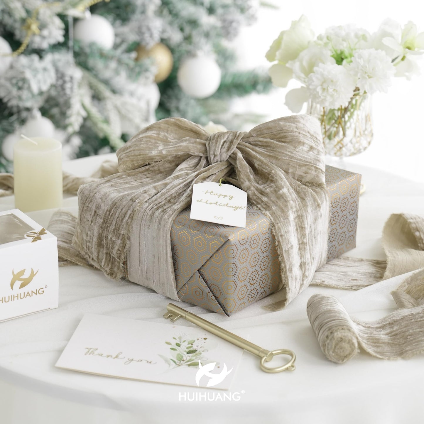 HUIHUANG Taupe Velvet Crinkled Frayed Ribbon - 3 Inch Wide Champagne Fringe for Wreaths, Christmas Tree, Flower Bouquet, Gift Wrapping, Wedding & Bridal Shower Decor