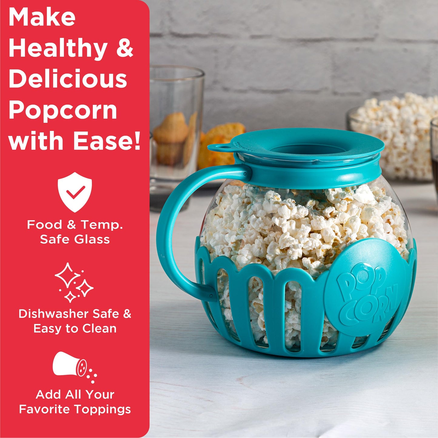 Ecolution Patented Micro-Pop Microwave Popcorn Popper with Temperature Safe Glass, 3-in-1 Lid Measures Kernels and Melts Butter, Made Without BPA, Dishwasher Safe, 3-Quart, Aqua