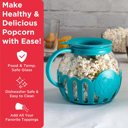 Ecolution Patented Micro-Pop Microwave Popcorn Popper with Temperature Safe Glass, 3-in-1 Lid Measures Kernels and Melts Butter, Made Without BPA, Dishwasher Safe, 3-Quart, Aqua
