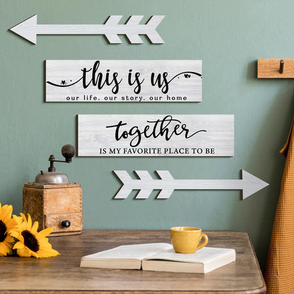 Jetec 4 Pcs Wooden Arrow Wall Decor This Is Us Our Life Rustic Family Signs for Home Wall Decor Home Wooden Hanging Sign for Farmhouse Living Room, 15 x 4 x 0.2 Inch(White)