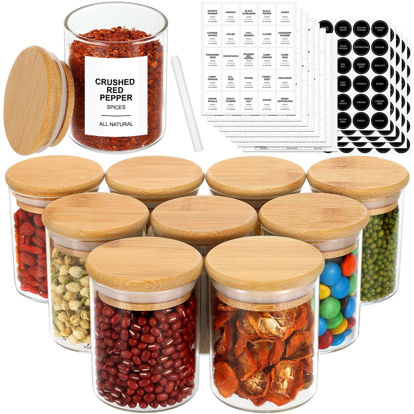 EgticHome 4OZ Glass Spice Jars with Bamboo Lids and 315 Labels, 10 Pcs Clear Food Storage Containers for Kitchen Sugar Salt Coffee Tea Beans