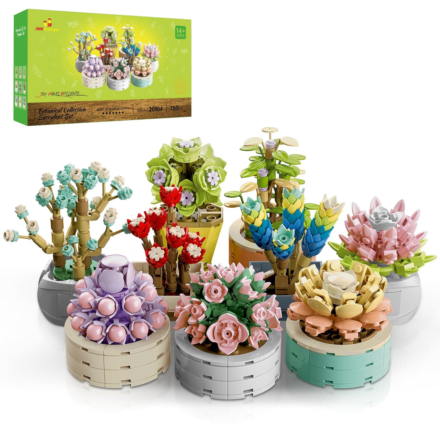 JMBricklayer Flowers Succulents Botanical Valentines Building Sets, Plants Office Home Decor Succulents Bonsai Building Toys, Creative Flowers Building Project for Adults, Gifts Ideas for Girls Women