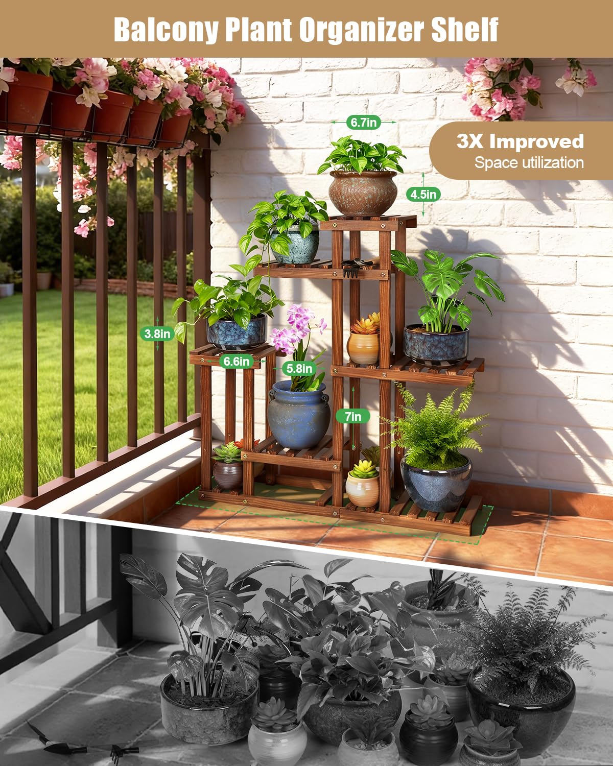Carbonized Wood Plant Stand, 6-Tier Indoor Tiered Plant Shelves, Space-Saving Narrow Wood Plant Rack for Multiple Plants, Sturdy Flower Stand for Living Room/Balcony/Garden/Outdoor, Easy Assembly