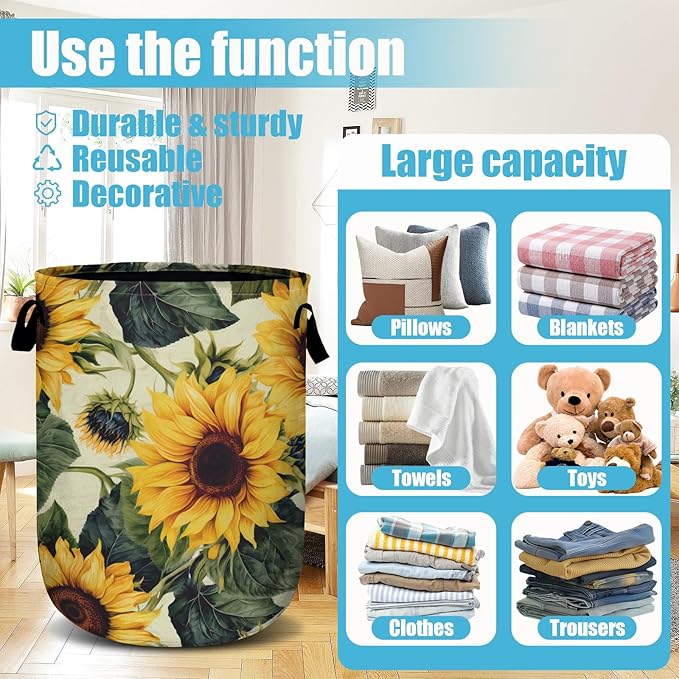 Retro Sunflower Laundry Basket, Floral Laundry Hamper Collapsible Oxford Cloth