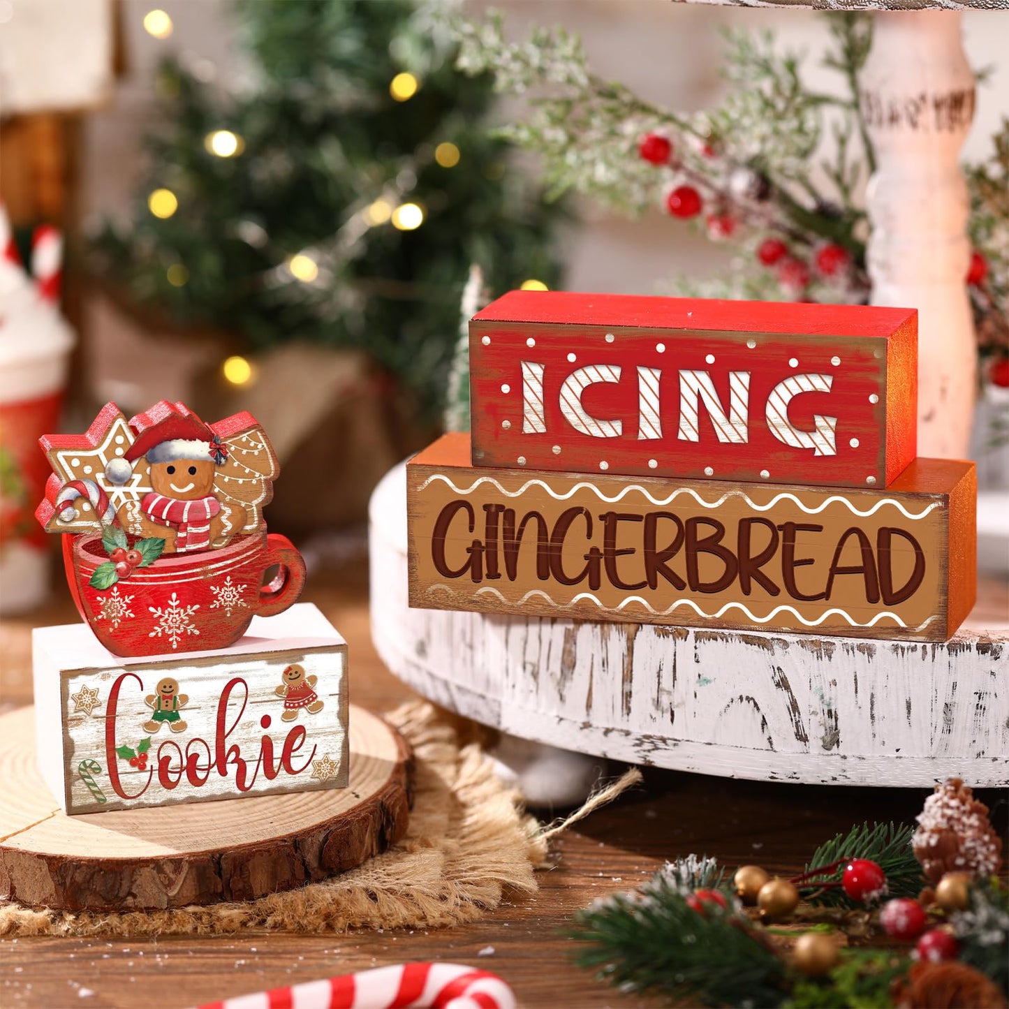 Moucuny 4 Pcs Christmas Gingerbread Man Table Sign Christmas Cup Wooden Decorative Signage Xmas tiered Tray Decor Winter Centerpieces Farmhouse Wooden Block Set Xmas Table Sign for Home