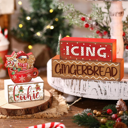 Moucuny 4 Pcs Christmas Gingerbread Man Table Sign Christmas Cup Wooden Decorative Signage Xmas tiered Tray Decor Winter Centerpieces Farmhouse Wooden Block Set Xmas Table Sign for Home