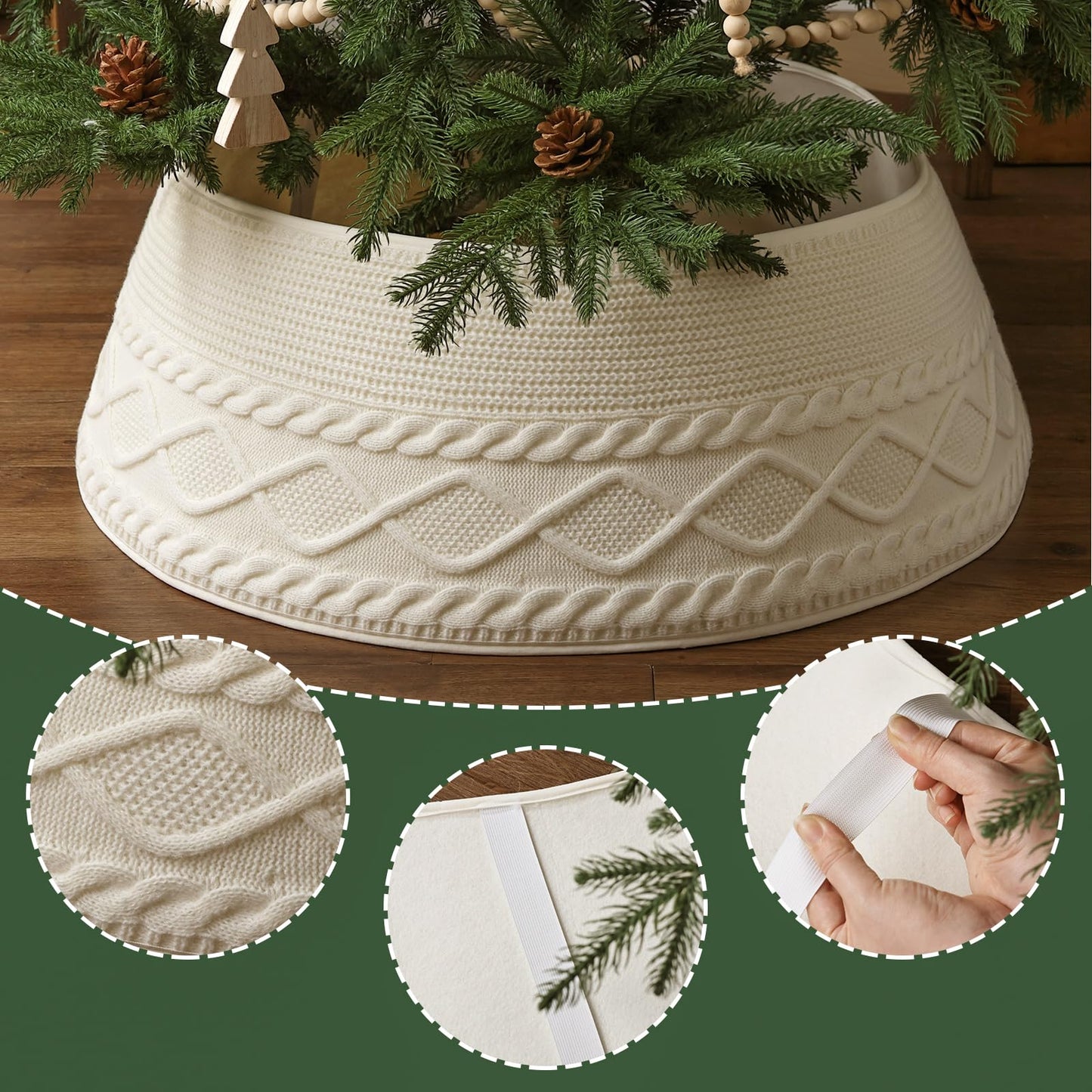 Treory Knitted Christmas Tree Collar: Cream Crossed Diamond Edge Chunky Cable Knit Christmas Tree Collars for Artificial Trees, Farmhouse Rustic Tree Ring Tree Skirt for Christmas Home Décor