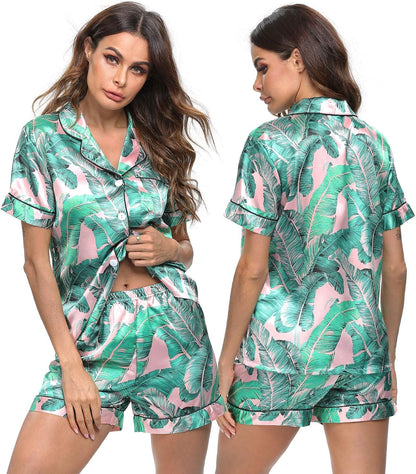 SWOMOG Womens Silk Satin Pajamas Set Short Sleeve Sleepwear Button Down Top and Shorts Loungewear 2 Piece Pjs Set XS-3XL