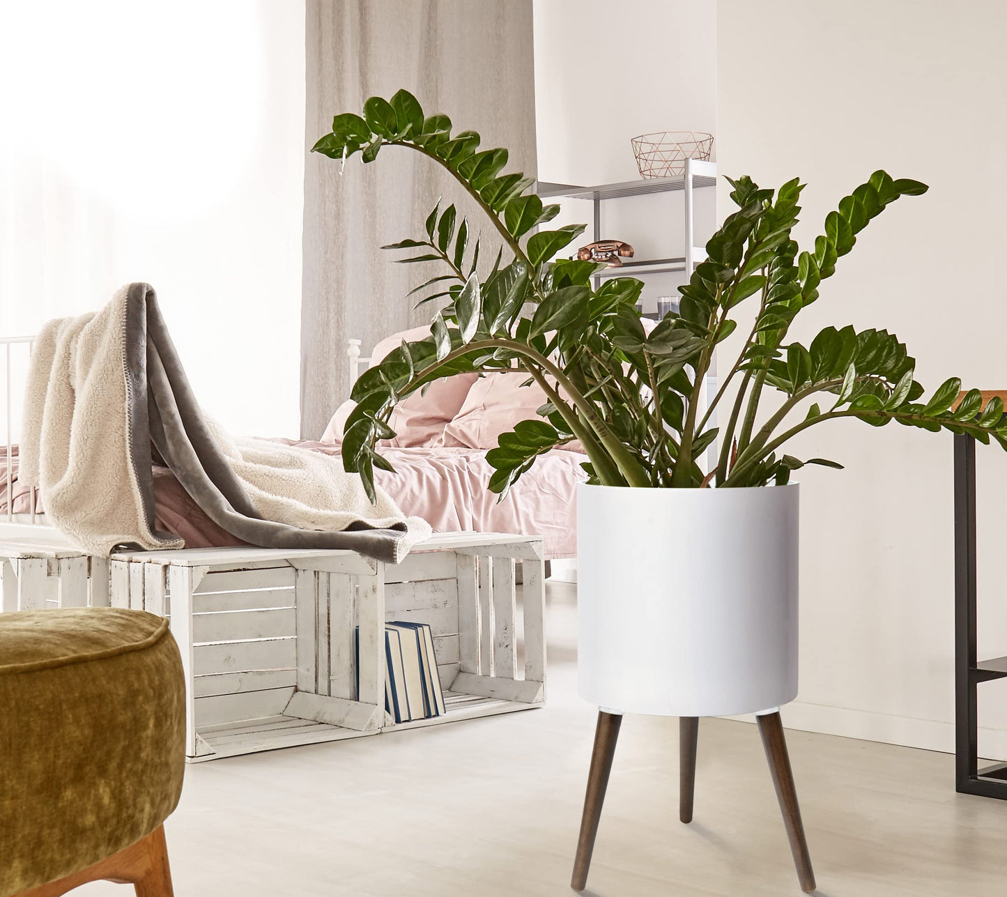 D'vine Dev 14 Inch Planter Pot with Stand, Mid-Century Tall Plant Pot with Legs for Indoor Plants, X-Large, White, 88-O-D-1