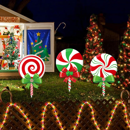 Drydiet 3 Pack Metal Christmas Yard Signs Decor Xmas Yard Stakes Outdoor with Stakes for Holiday Outdoor Garden Lawn Pathway Decoration(Candy)