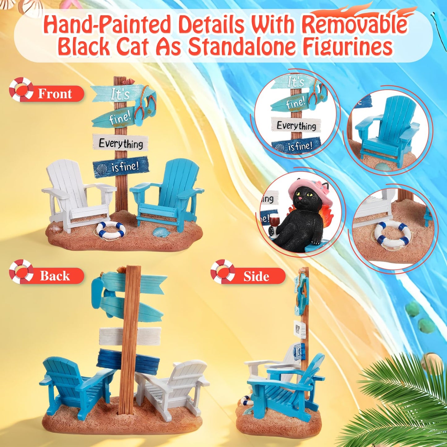 Wonderjune Beach House Decor Coastal Chair Resin with Animal Figurine Signs Ornament for Summer Beach Tropical Table Mantle Tabletop Decoration or Housewarming Birthday Gift 7x7 Inch(Cats)