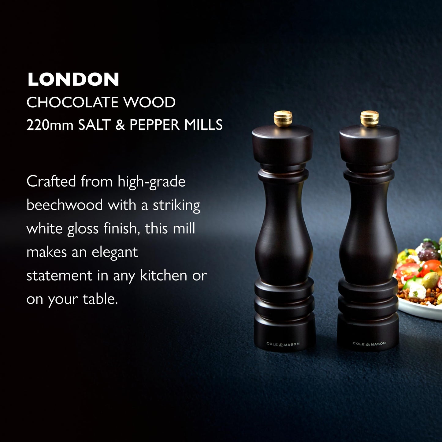 Cole & Mason London Refillable Spice Mill - Kitchen & Home Accessory - Salt & Pepper Grinder Set - Salt Mill with Ceramic Mechanism - Pepper Mill with Carbon Steel Mechanism - 8", Chocolate Wood
