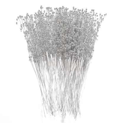 60 Pieces Pearl Stick Stems Bouquets, 4mm Bead String Garland Beaded Spray Filler Floral Arrangements Tree Picks Wedding Party Decoration, Mother's Day Flower Decor, Christmas Tree Picks (Silver)