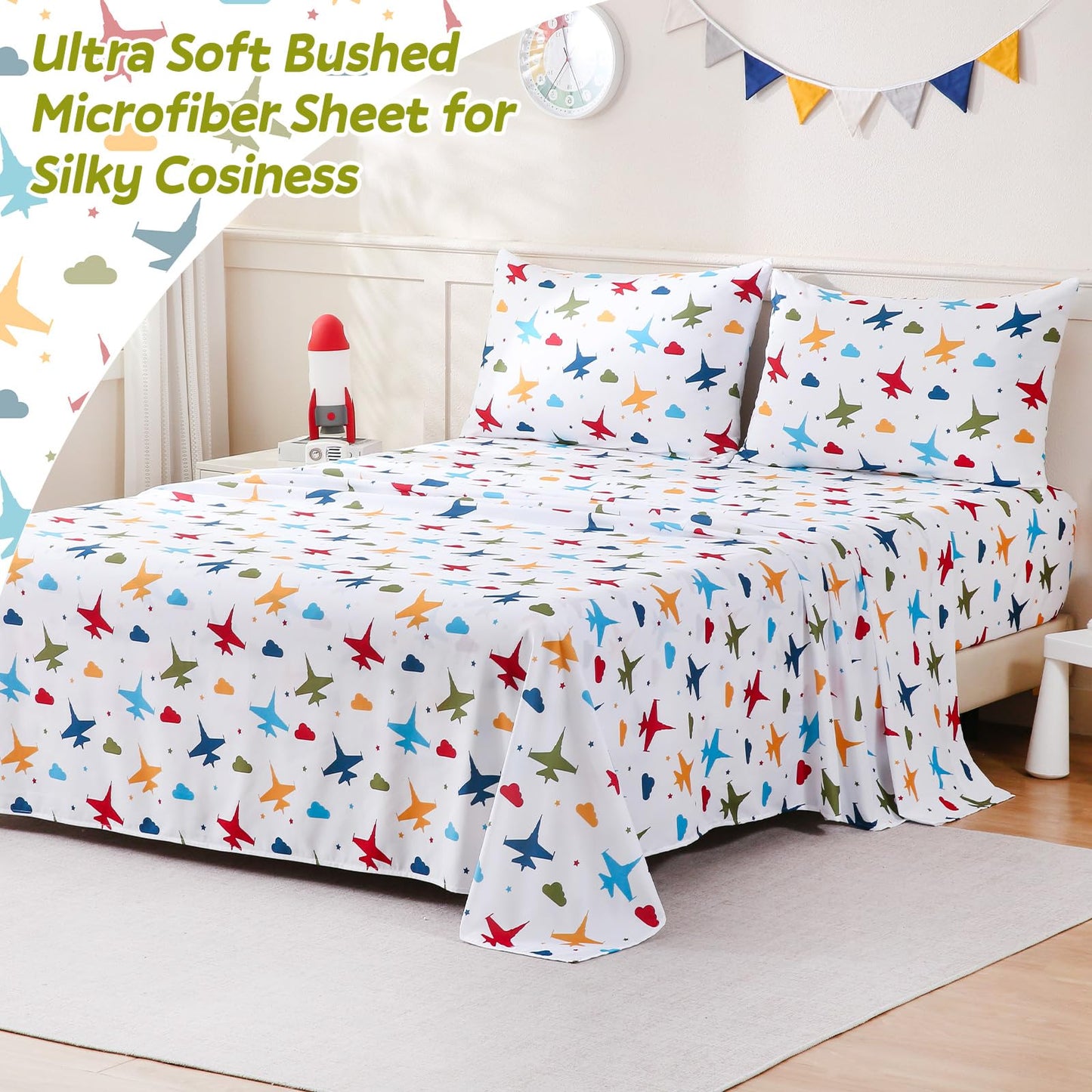 ChicView Full Sheet Set Kids,4 Pieces Breathable Soft Microfiber Bedsheets for Child Boys Girls, Anti Pilling Deep Pockets Easy Care Bed Sheets, Aircraft