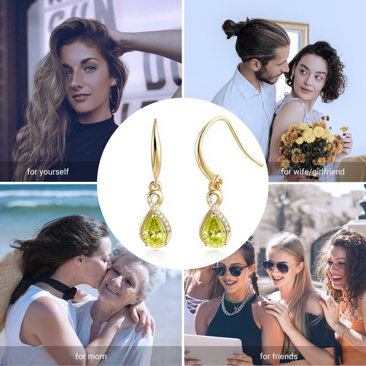 Infinity Birthstone Earrings 18K Gold Plated 925 Sterling Silver Teardrop Infinity Drop Dangle Earrings Peridot Jewelry Birthday Gifts for Women Her Mother Wife