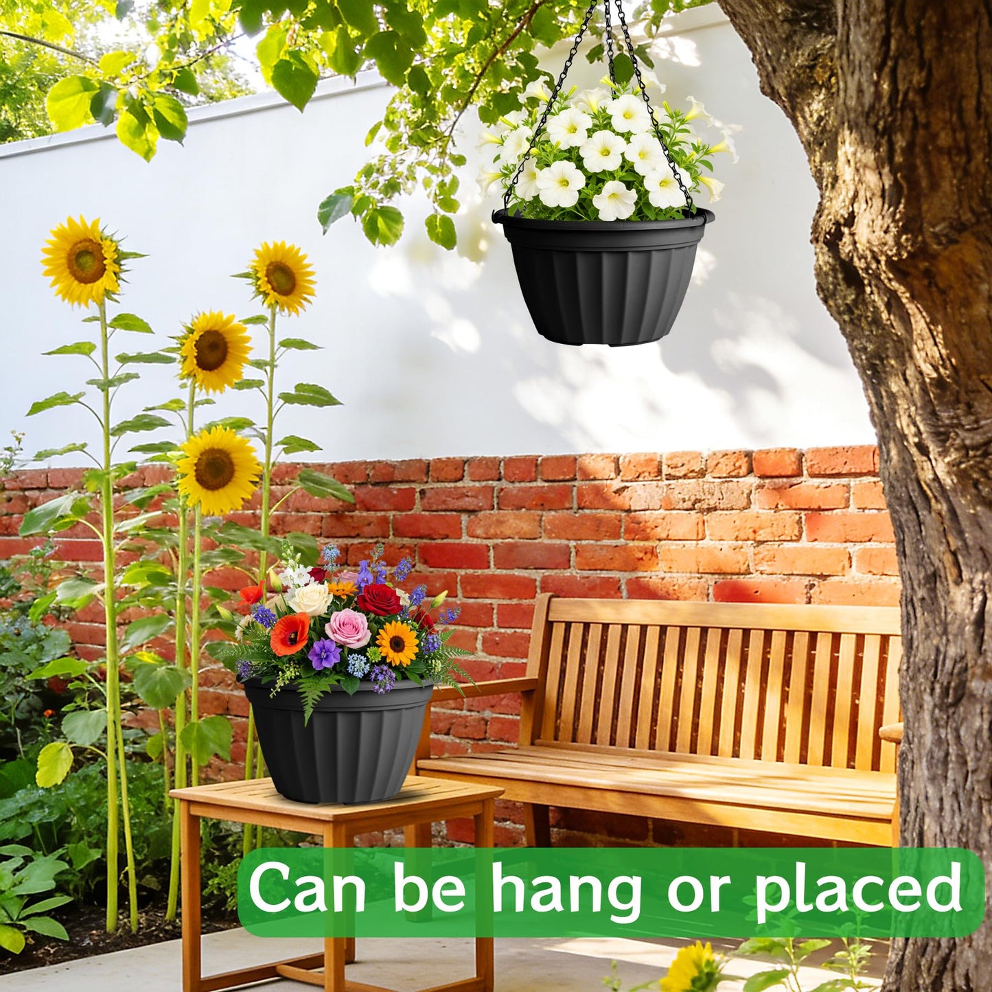 FGstyle 6 Pack Hanging Planters 8 Inch,Self Watering Pots for Indoor Plants,Plastic Hanging Basket with Soil Elevator and 20" Chain for Home Garden Porch Balcony Patio Decor(Black)