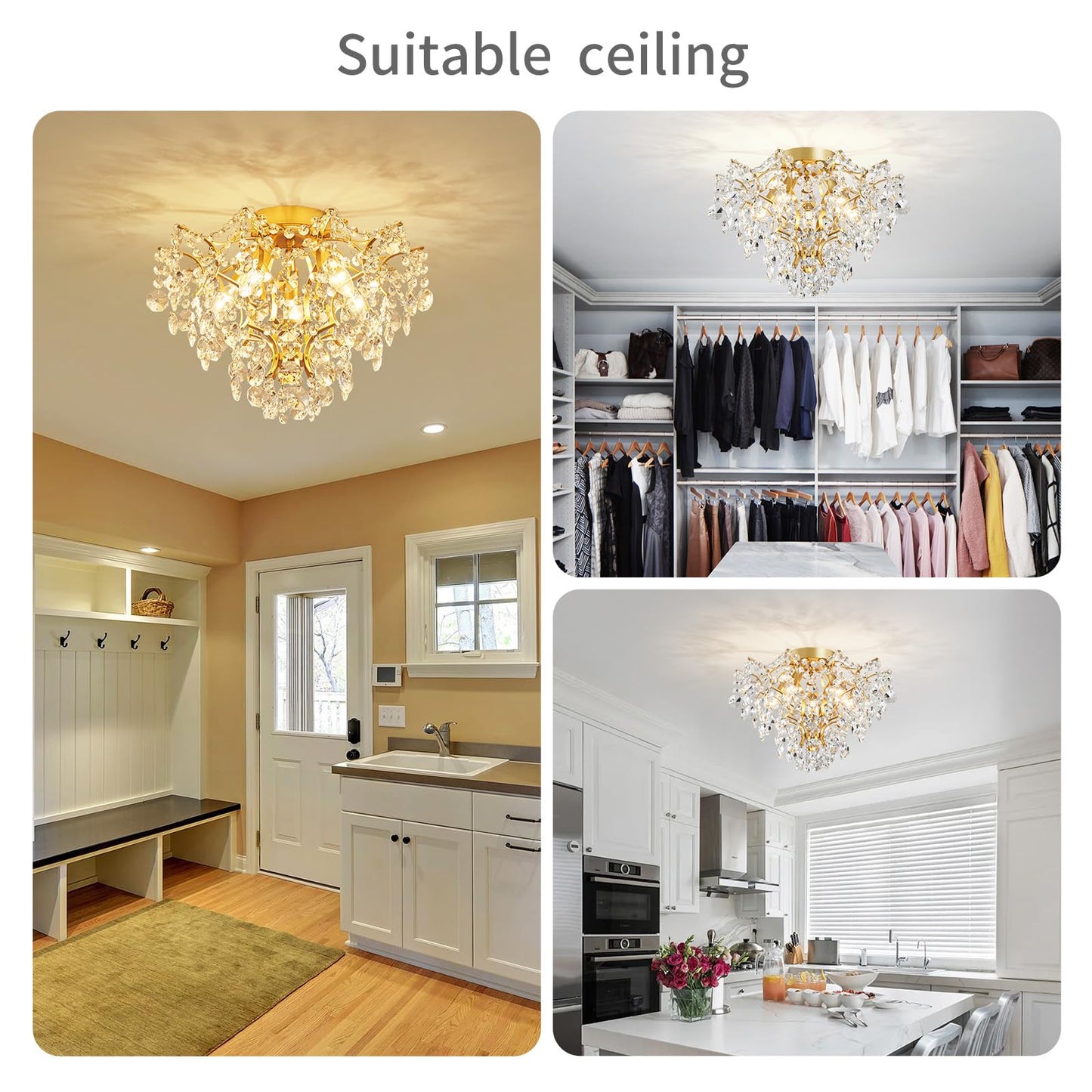 WUZUPS 5-Light Crystal Chandelier Flushmount Ceiling Light Modern Lighting Fixture for Bedroom Hallway Bar Kitchen Bathroom, H 12" W 15.4", E12 Base, Gold