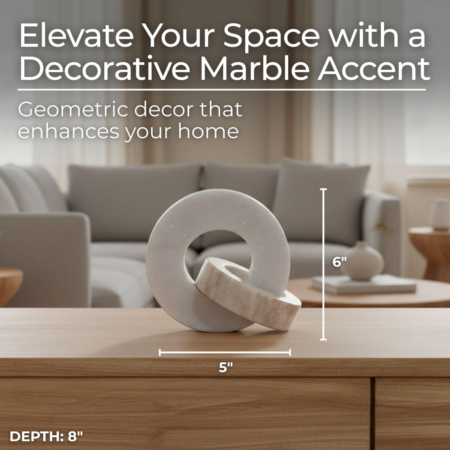 Home Decor and Bathroom Decor Marble Double Ring - Modern Shelf Sculpture and Office Accents for Room Styling - Coffee Table Ornaments and Living Room Decor Statues Design - 6", White & Beige