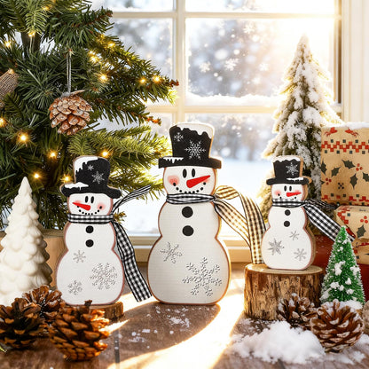 3 Pcs Christmas Snowman Table Decor Wooden Snowman Tables Centerpieces Block Winter Wood Tabletop Sign Rustic Merry Xmas Decorations Indoor for Tiered Tray Office Desk Shelf Home Mantel Holiday Party