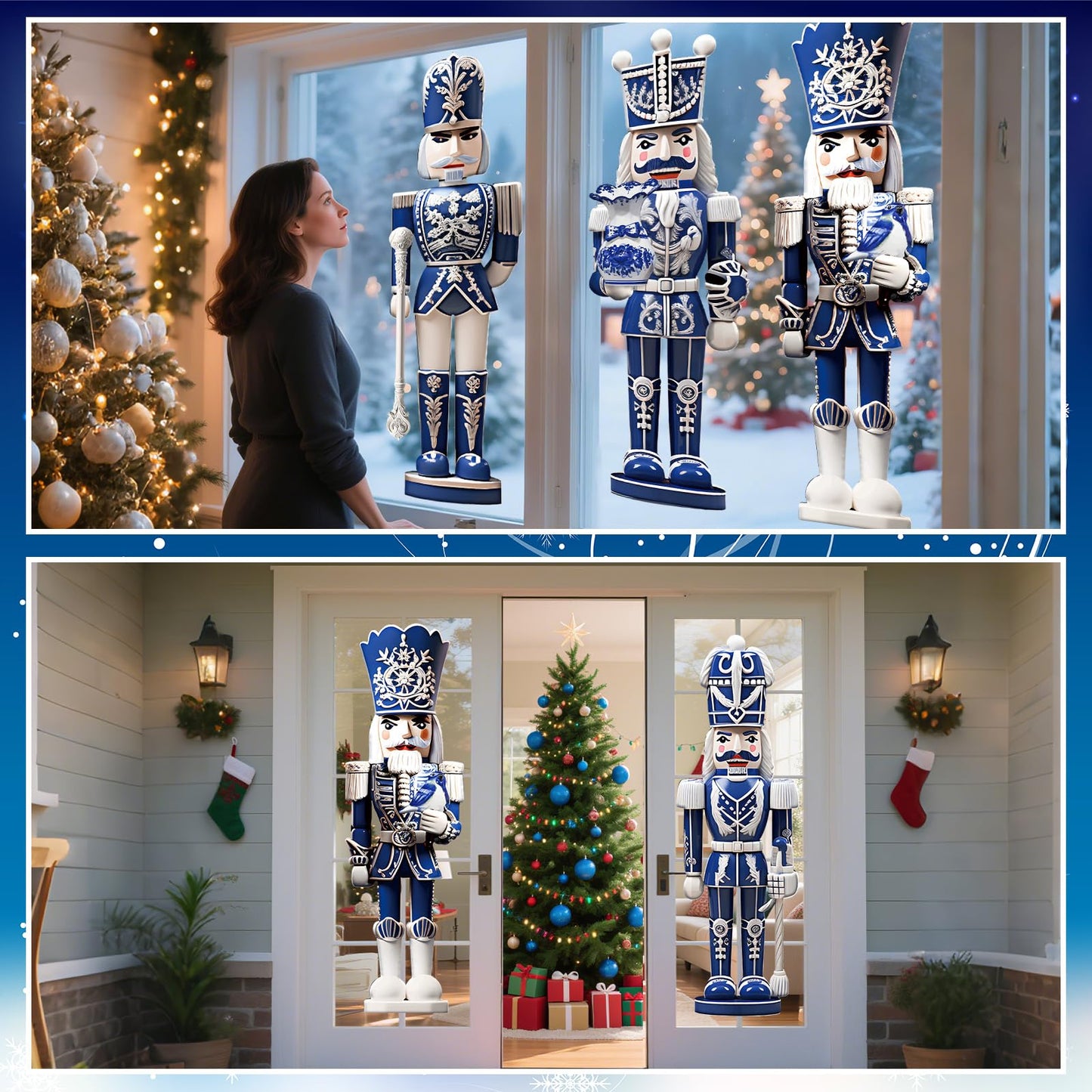 Fullhawl 4 Sheets Large Winter Window Clings Decorations Nutcracker Soldiers Winter Window Clings Nutcrackers Xmas Stickers for Holiday Party(Blue and White Porcelain)