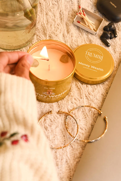 Money Wealth - Crystal Candles for Home Scented - 5oz Soy Wax Natural Clean Organic Non Toxic with Essential Oils - for Real Cash Luck Manifestation Aromatherapy Gift Bathroom - Long Lasting Candel