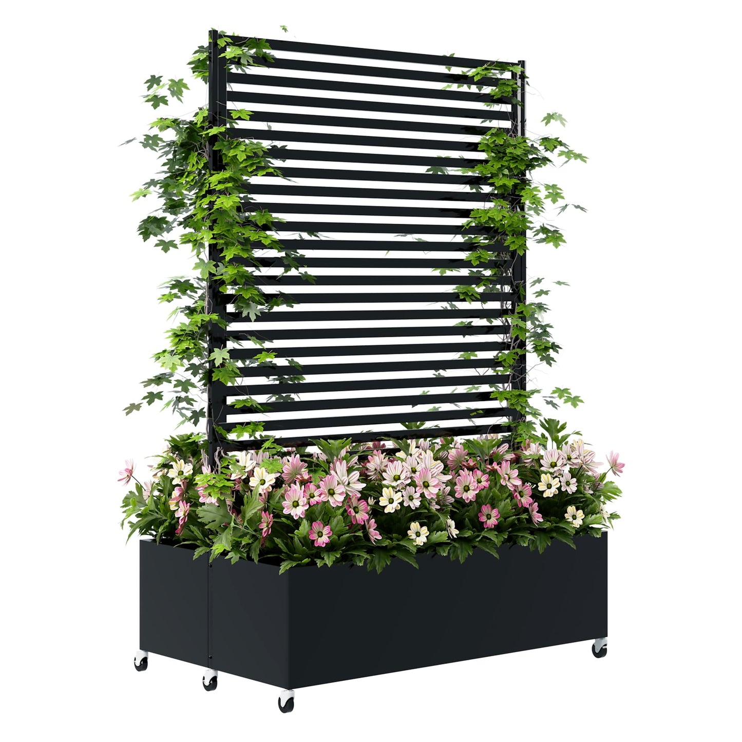 Sunnibety Double Metal Planter Box with Trellis Privacy Screen, Raised Garden Bed with Trellis & Wheels, Planter Box Outdoor with Drainage Holes for Climbing Plants, Vines,73"x 47"x 30", Black