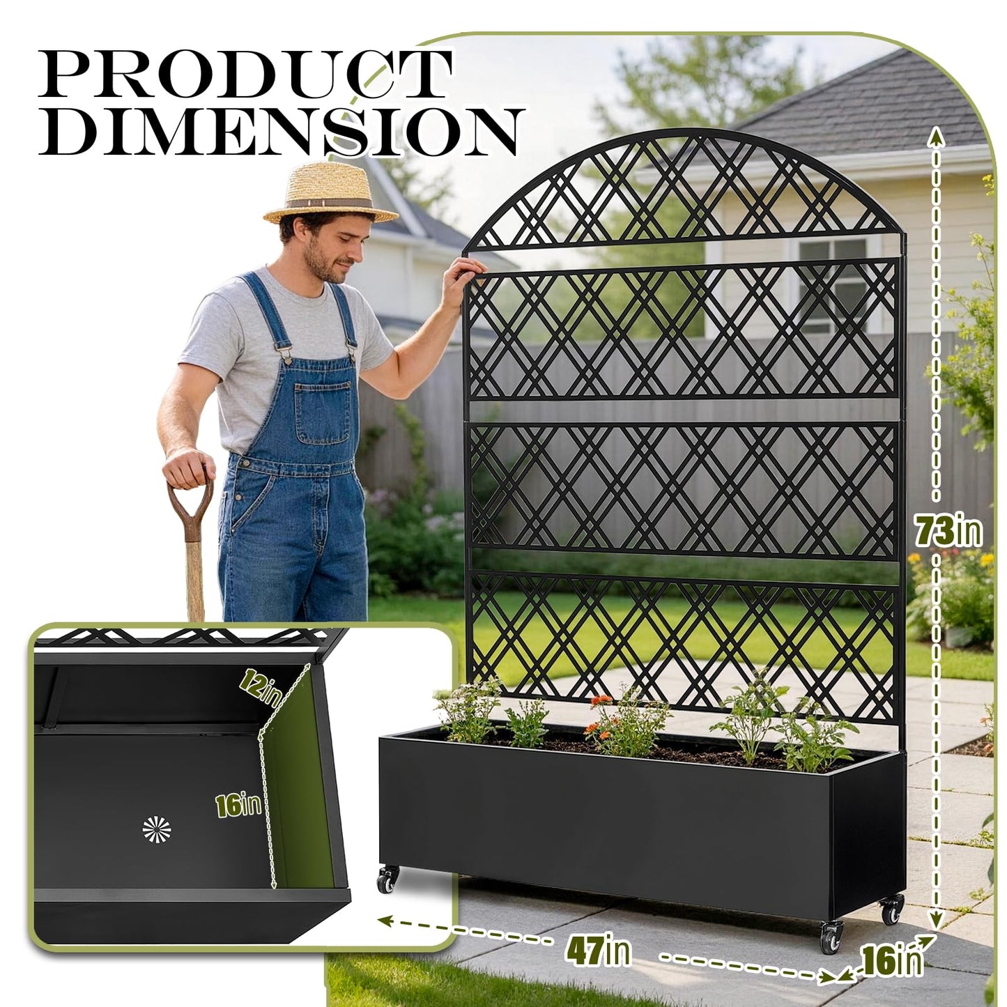 Metal Planter Box with Trellis Raised Garden Bed on Wheels Galvanized Steel Privacy Screen for Patio,Large Self-Watering Container with Drainage Holes for Climbing Plants Vegetables Flowers (Dome)