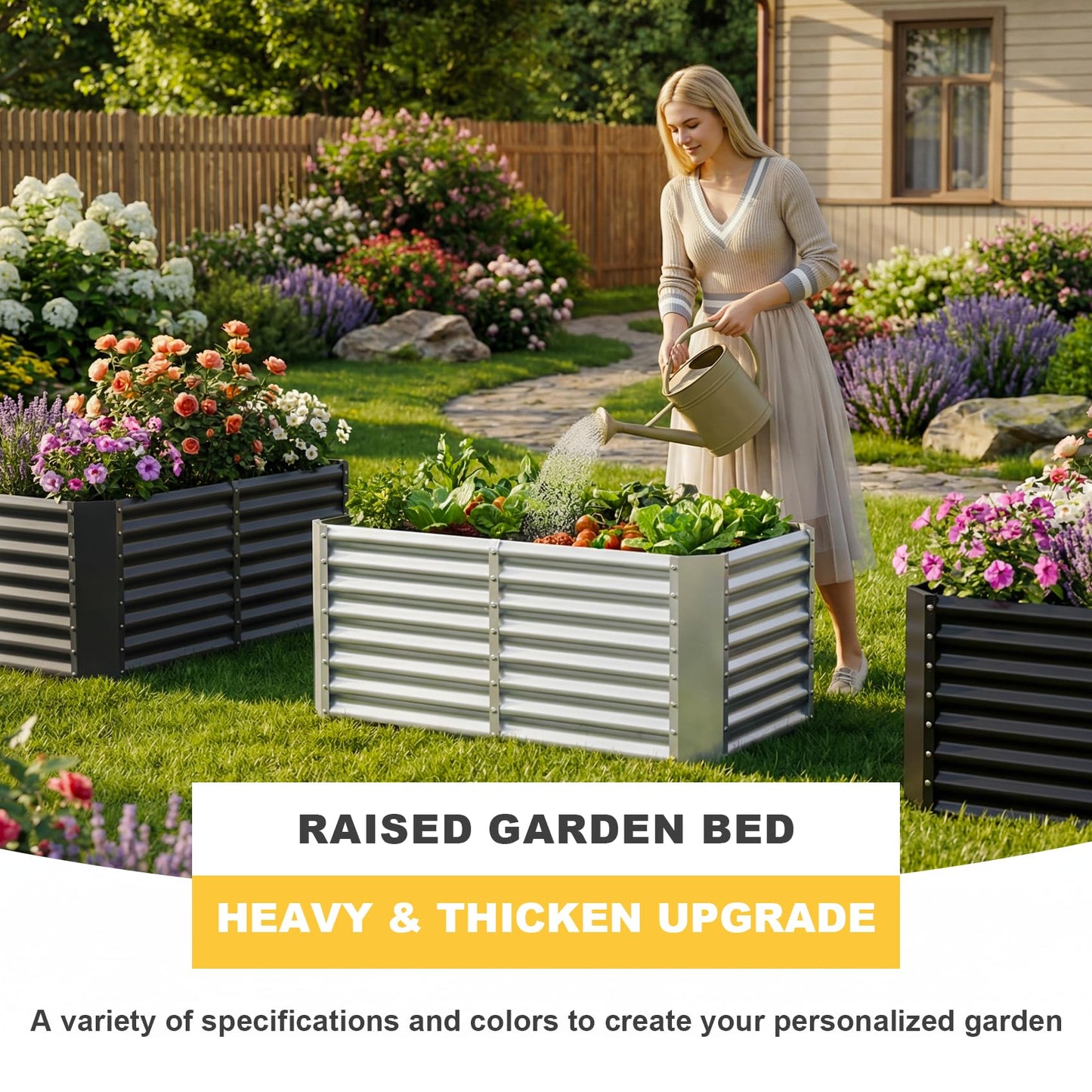 AHEONLAR 3 Pack 4×2×2ft Galvanized Raised Garden Beds, Rectangle Durable Planter Boxes Outdoor for Vegetables, Fruits, Flowers and Plants, Quick Assembly, Silver