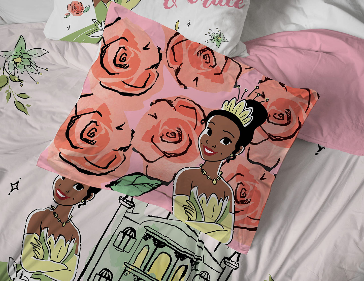 Jay Franco The Princess and The Frog Beauty & Grace 5 Piece Twin Size Bed Set - Includes Comforter & Sheet Set Featuring Tiana - Super Soft Bedding Fade Resistant Microfiber (Official Product)