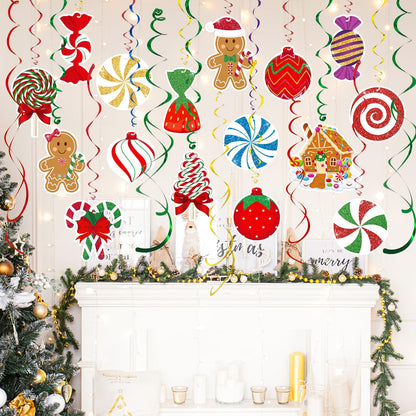 Candy Gingerbread Christmas Decorations - 20pcs Glitter Gingerbread House Candy Christmas Balls Hanging Swirls for Candyland Xmas Party Decor Supplies