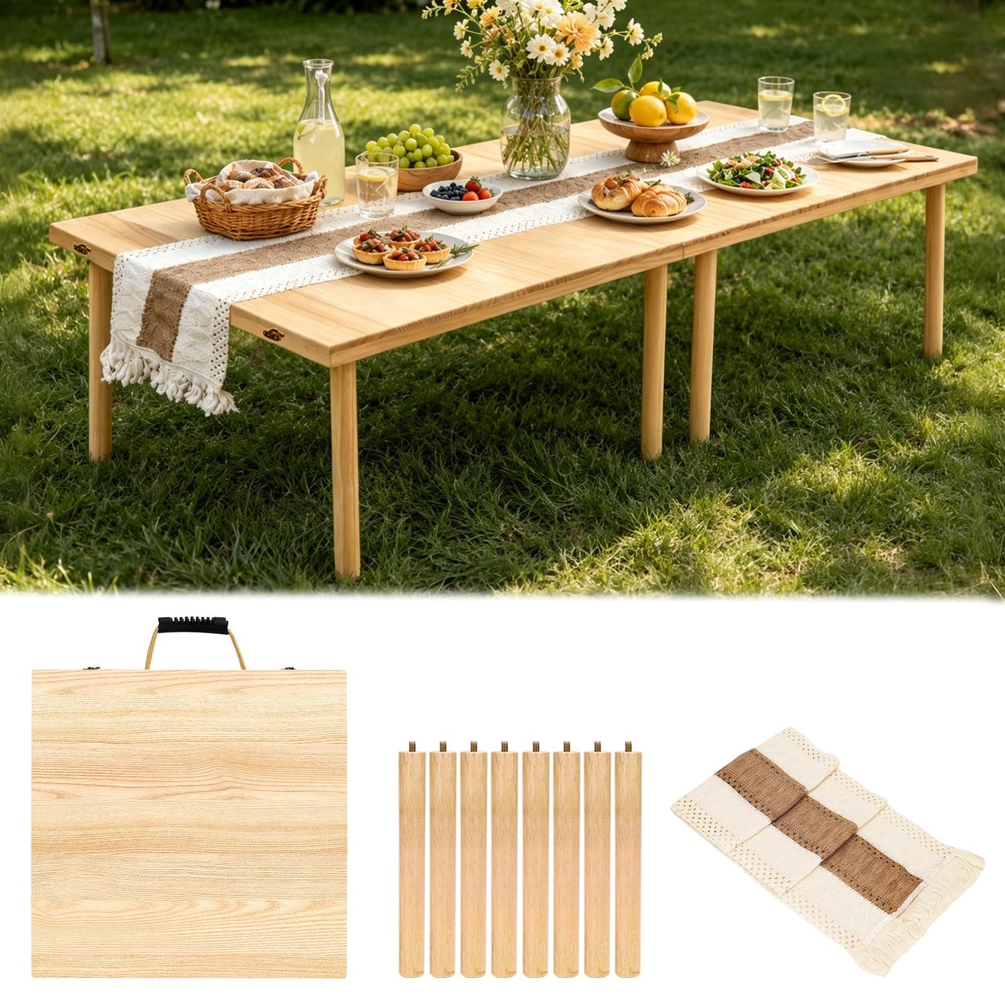 MLLNFUE Folding Wooden Picnic Table with Runner, 60"x30" Boho Portable Low Table for Floor Seating, Indoor Outdoor Picnic Table for Camping, Beach, Backyard, BBQ & Party (Seats 6)