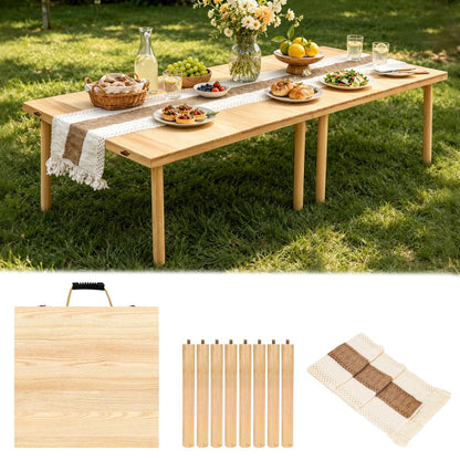 MLLNFUE Folding Wooden Picnic Table with Runner, 60"x30" Boho Portable Low Table for Floor Seating, Indoor Outdoor Picnic Table for Camping, Beach, Backyard, BBQ & Party (Seats 6)