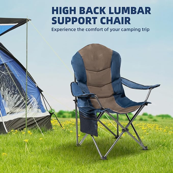 2 Pack Folding Camping Chairs for Adults - High Back Padded Outdoor Lawn Chairs with Lumbar Support & Cup Holder, 400lbs Heavy Duty Portable Camping Chairs Set (Blue & Brown, 2 PCS)