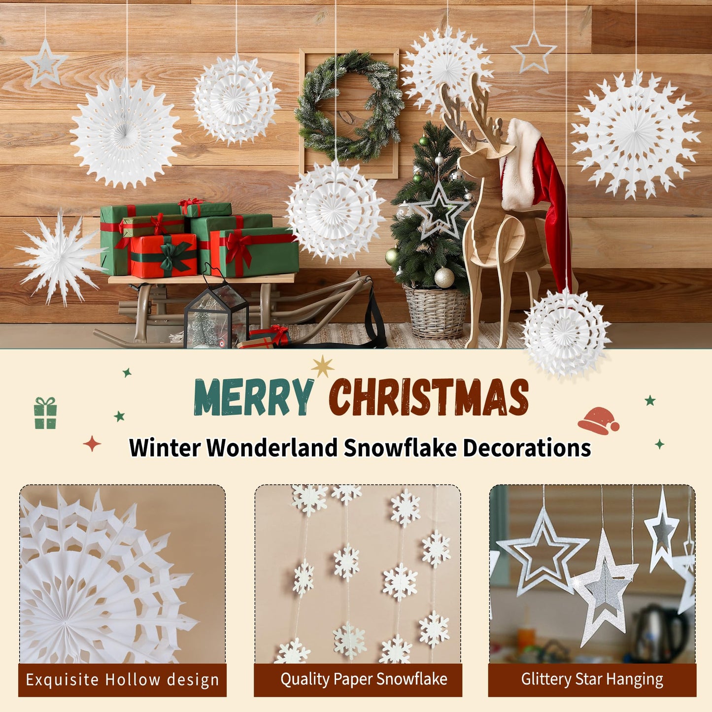 WNSIRVY 21 Pcs White Snowflake Decorations Christmas Paper Hanging Fans Decor Winter Wonderland Party Decorations with Frozen Snowflake Garland Star Hanging for Xmas Winter Wedding Birthday