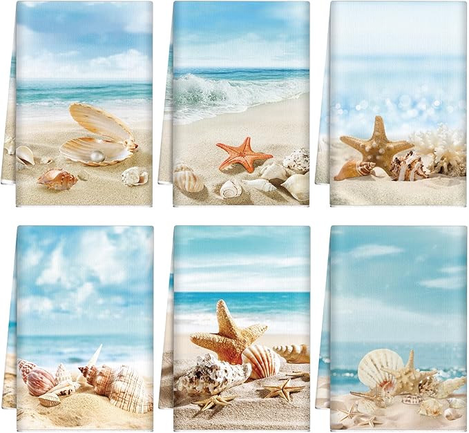 Breling Set of 6 Summer Beach Kitchen Towels Coastal Dish Towel Bathroom