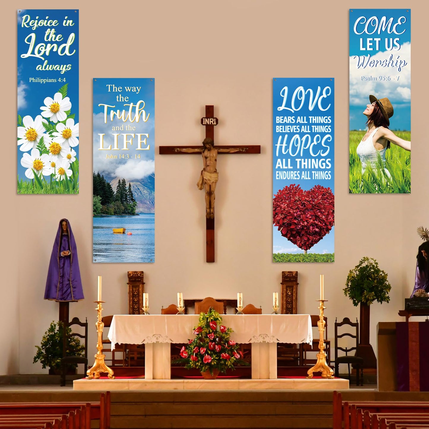 4Pcs Church Banners for Sanctuary Wall Welcome Inspirational Religious Banners Hanging Backdrop Fresh Scenic Pattern Church Banner with Scripture Bible Verses Exquisite Banner for Holiday School Decor