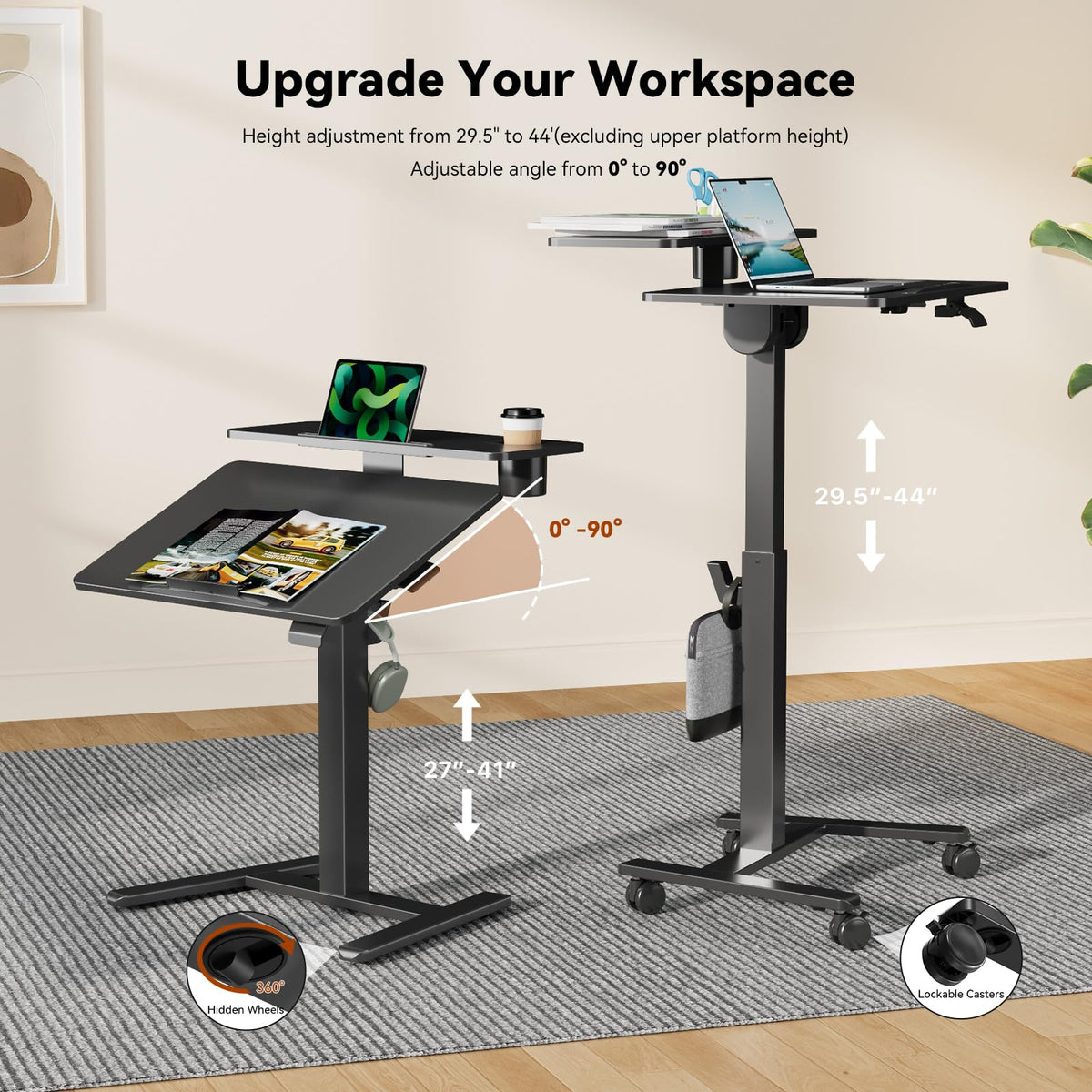 Liftsync 28Inch Rolling Standing Desk On Wheels， Small Computer Workstation Adjustable Height， Mobile Laptop Stand with Tiltable Desktop， 2-Tier Portable Study Table with Storage Shelves， Black