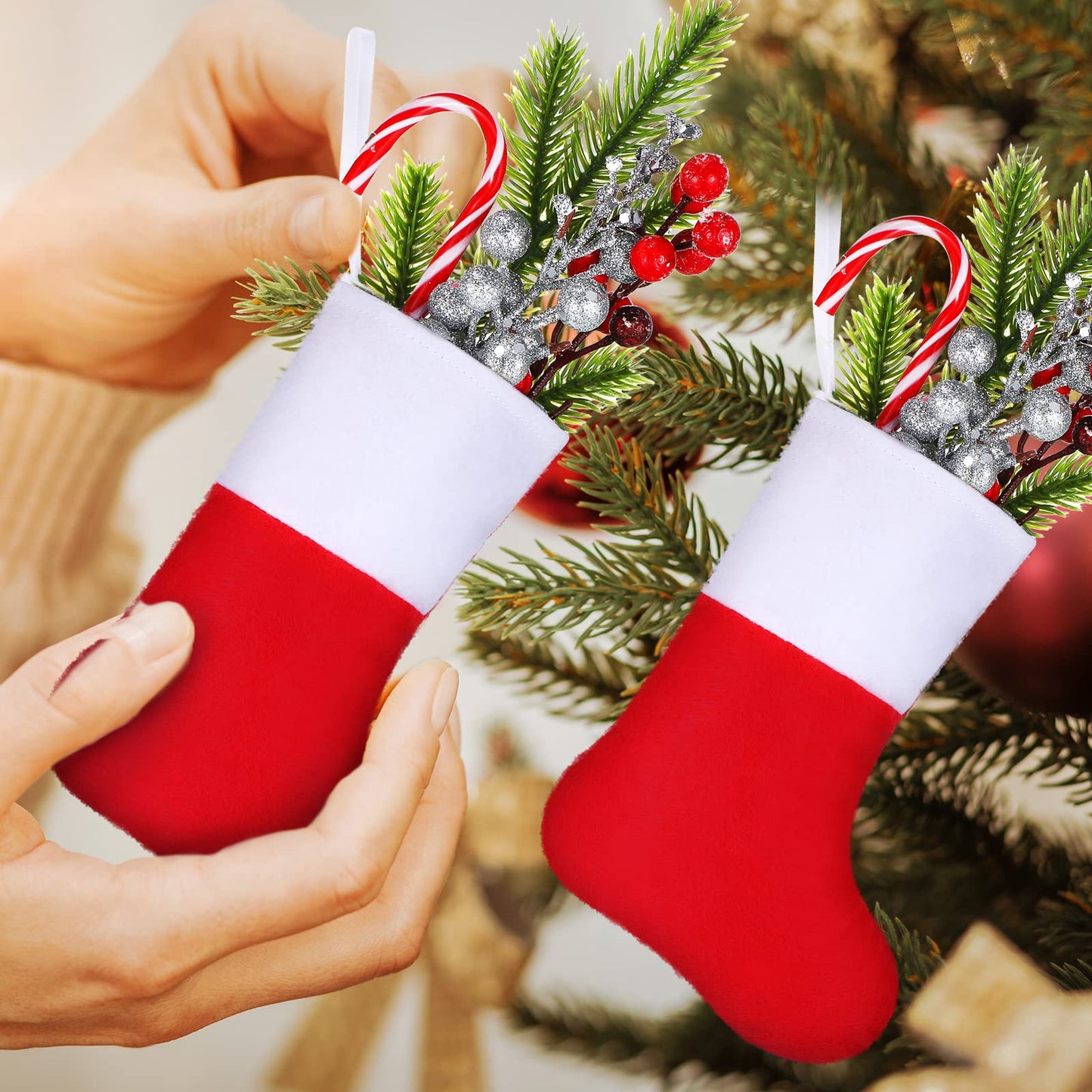Leitee 50 Pcs Christmas Mini Red Stockings Felt Fabric Christmas Stockings Gift Card Tree Holder Small Socks Decoration Plain Holiday Stockings for Xmas Party Gifts Ornaments