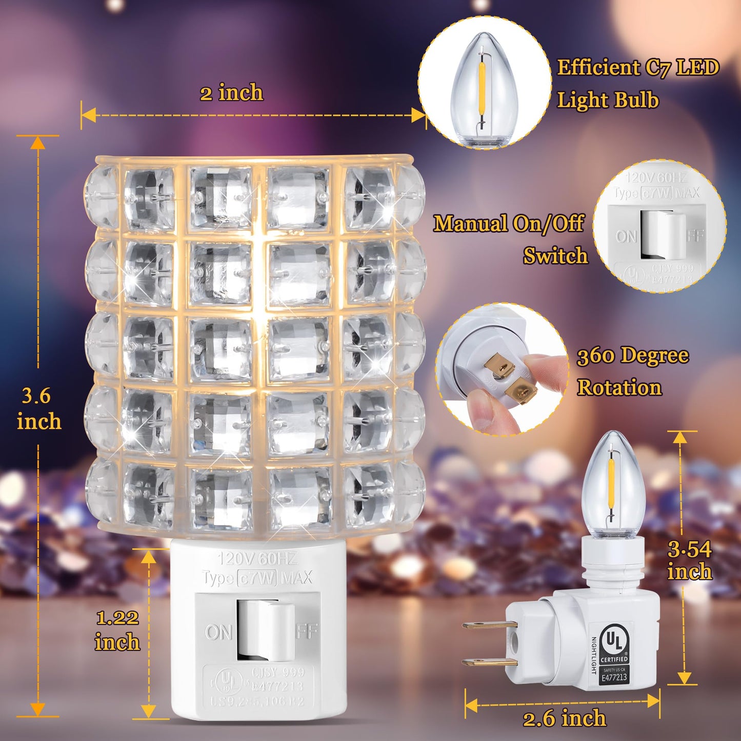 Crystal Diamond LED Night Light Plug into Wall, Decorative Plug in Night Light with Manual On/Off Switch and 360° Rotating Plugs, Warm White Ambient Nightlight for Bedroom, Bathroom, Hallway Decor