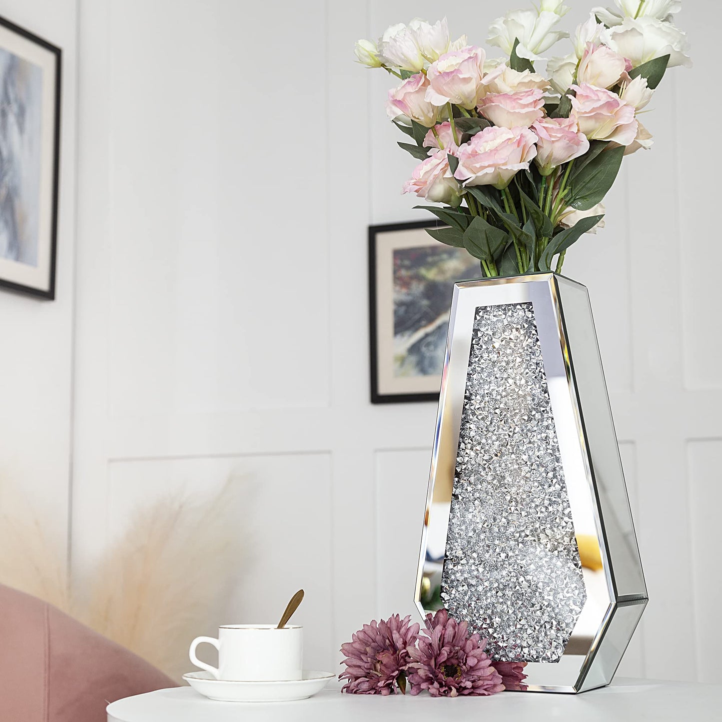 Crushed Diamond Mirrored Flower Vase Large Glass Vase Modern Crystal Decorative Mirror Vases Stunning Luxury Tall Floor Vase for Centerpieces Flowers Home Decor, Silver, 14" H. Can’t Hold Water.