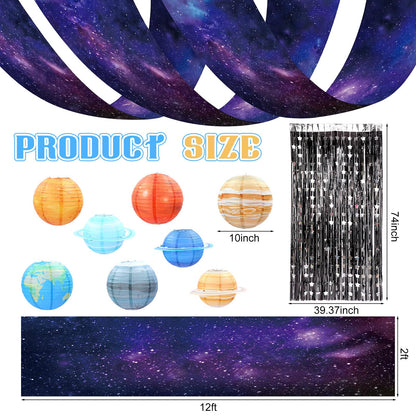 Tingjoo 13 Pcs Space Galaxy Ceiling Decorations for 2026 Vbs Space Themed Classroom Decor 12 x 2 ft Hanging Backdrop, 8 Solar System Lanterns & Star Foil Fringe Curtains Ornament for Party Decorations