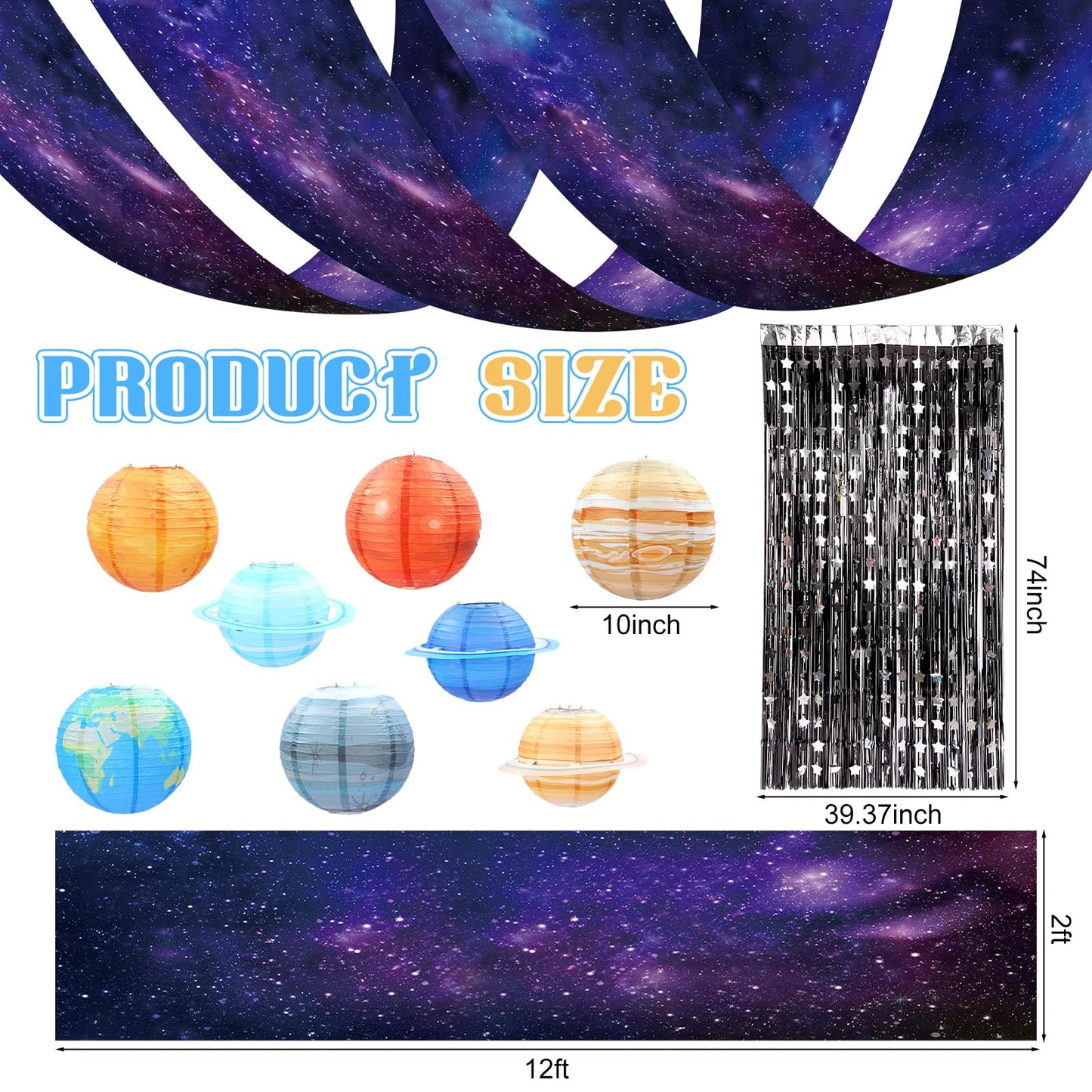 Tingjoo 13 Pcs Space Galaxy Ceiling Decorations for 2026 Vbs Space Themed Classroom Decor 12 x 2 ft Hanging Backdrop, 8 Solar System Lanterns & Star Foil Fringe Curtains Ornament for Party Decorations