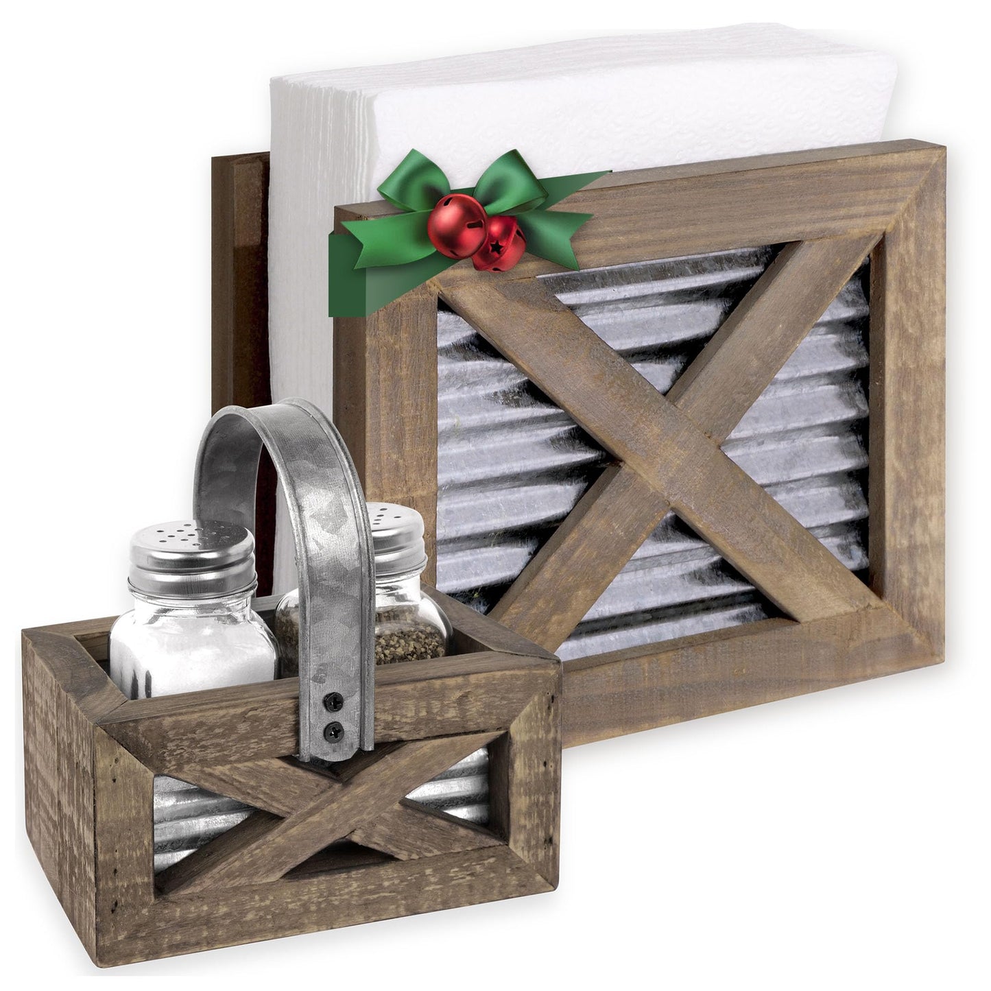 Autumn Alley Farmhouse Napkin Holder and Adorable Farmhouse Salt and Pepper Shakers Set With Wood Holder - Western Kitchen, Galvanized Metal - Upright Rustic Napkin Holder Rustic Kitchen Décor (Brown)