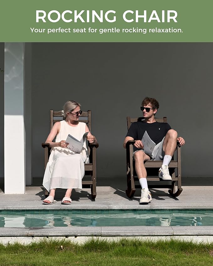 Oversized Outdoor Rocking Chair, HDPE All Weather Resistant Rocking Chairs for Patio, High Back Porch Rocker Chair, 380lbs Weight Capacity, Brown