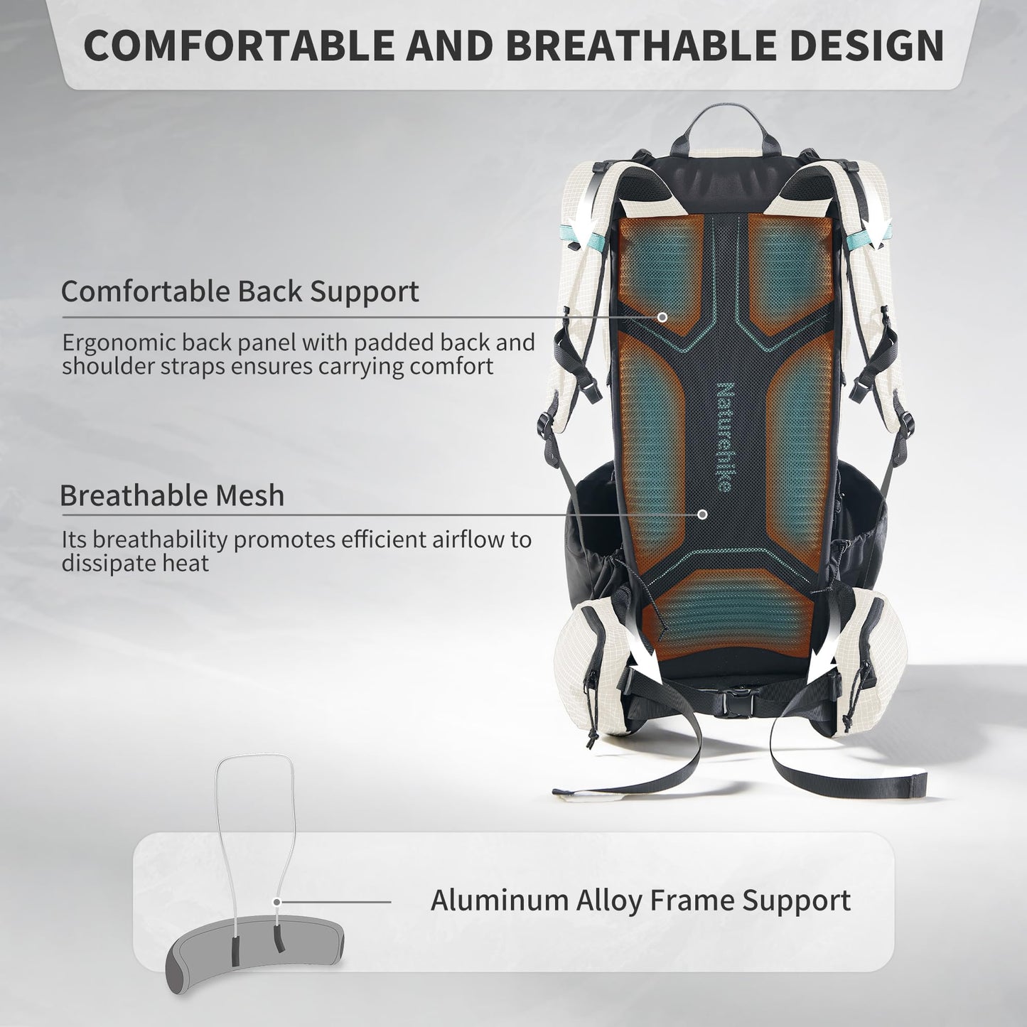 Naturehike 60L Rock 2.0 Upgraded Internal Frame Hiking Backpack for Outdoor Camping Travel Backpacking, Ultralight with Rain Cover Backpack for Adults(White/L/60L)