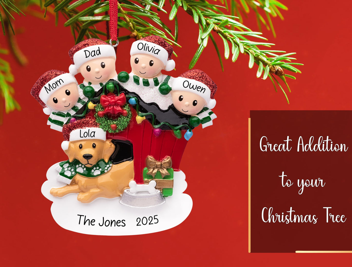 UniqXmas Personalized Family of 4 with Dog Christmas Ornament 2025 | Parents Kids & Puppy with Doghouse Customized Xmas Tree Decoration | Family of Four with New Dog Keepsake - Custom Name & Year