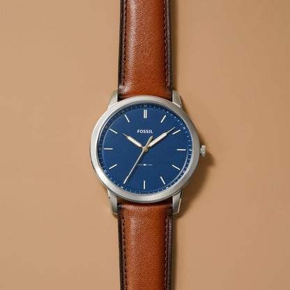 Fossil Watch for Men The Minimalist, Quartz Movement, 44 mm Silver Stainless Steel Case with a Leather Strap, FS5304