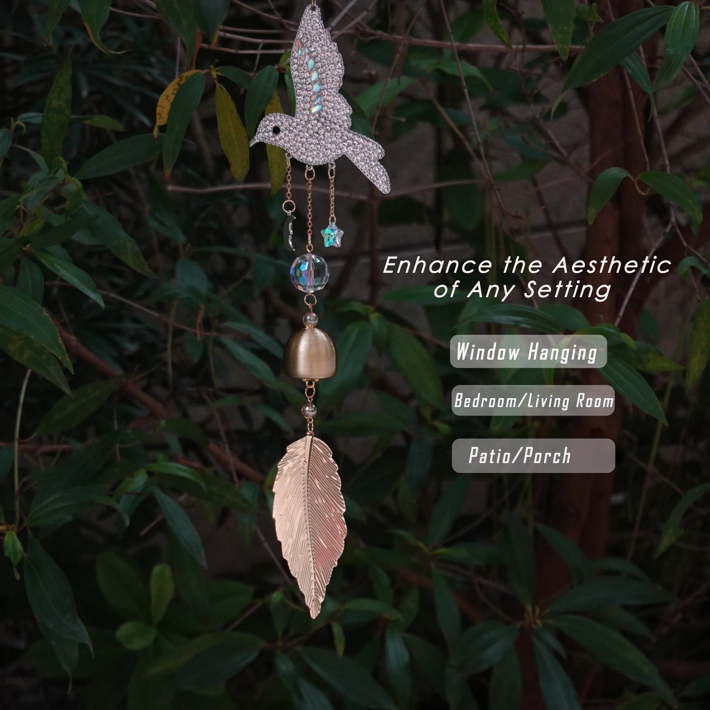 Hummingbird Rhinestone Hanging Bell for Window Garden Decor with Suncatcher