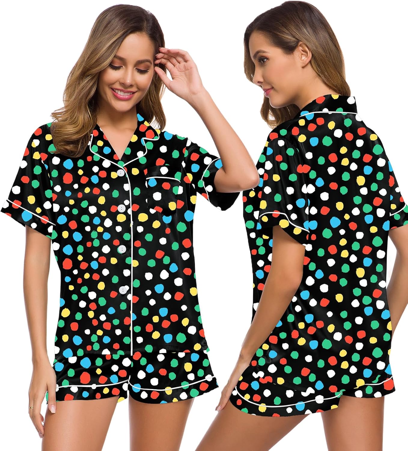 SWOMOG Womens Silk Satin Pajamas Set Short Sleeve Sleepwear Button Down Top and Shorts Loungewear 2 Piece Pjs Set XS-3XL